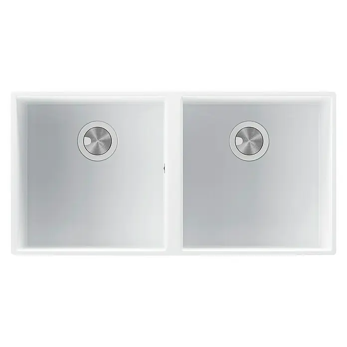 Atron Fregadero encastrable Delta - 43 x 85 cm, Material compuesto, Número de cubetas: 2 ud., Blanco, Brillante - Fregadero de doble seno con superficie lisa y desagües redondos para cocinas modernas. Diseño práctico para mayor comodidad al lavar.