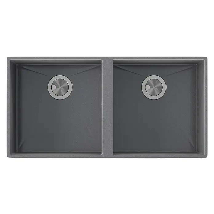 Atron Fregadero encastrable Delta - 43 x 85 cm, Material compuesto, Número de cubetas: 2 ud., Gris, Mate - Fregadero doble gris con desagüe redondo. Un complemento moderno y práctico para cualquier cocina, que combina funcionalidad y estilo.