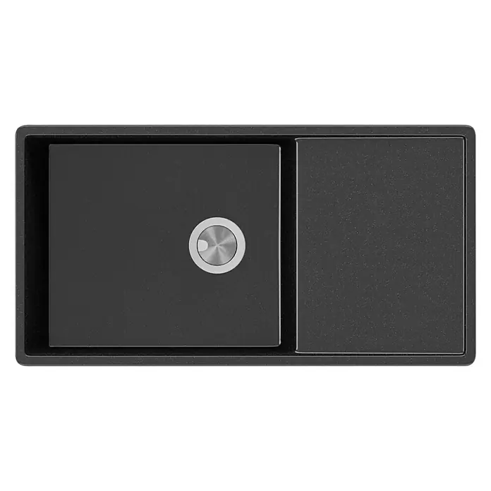 Atron Fregadero encastrable Dual - 44,5 x 85 cm, Material compuesto, Negro, Mate - Fregadero de cocina negro con dos cubetas, la principal con un tapón de desagüe redondo plateado. La segunda cubeta tiene una superficie texturizada.