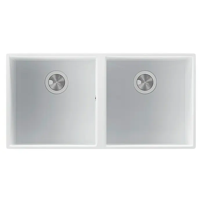 Atron Fregadero encastrable Delta - 43 x 85 cm, Material compuesto, Número de cubetas: 2 ud., Blanco, Mate - Fregadero doble blanco con dos cubetas, cada una equipada con un desagüe. Ideal para cocinas modernas con diseño limpio.