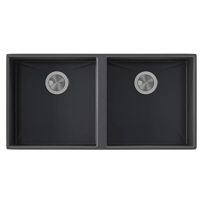 Atron Fregadero encastrable Delta - 43 x 85 cm, Material compuesto, Número de cubetas: 2 ud., Negro, Brillante - Fregadero doble negro con dos cubetas y tapones de desagüe de acero inoxidable, robusto y elegante para cualquier cocina moderna.