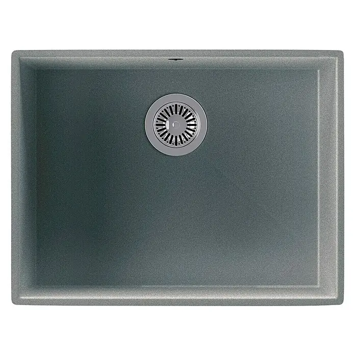 Atron Fregadero encastrable Ocean - 43,6 x 54,6 cm, Gris, Mate - Primer plano de un moderno fregadero de cocina de granito gris con un desagüe brillante de acero inoxidable. Ideal para cocinas elegantes.