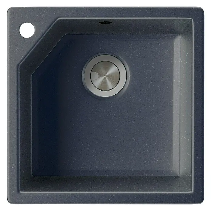 Atron Fregadero encastrable Gea - 47,5 x 47,5 cm, Material compuesto, Negro, Brillante - Primer plano de un fregadero moderno, cuadrado y de color oscuro con un desagüe redondo y brillante y una abertura adicional en el lateral.