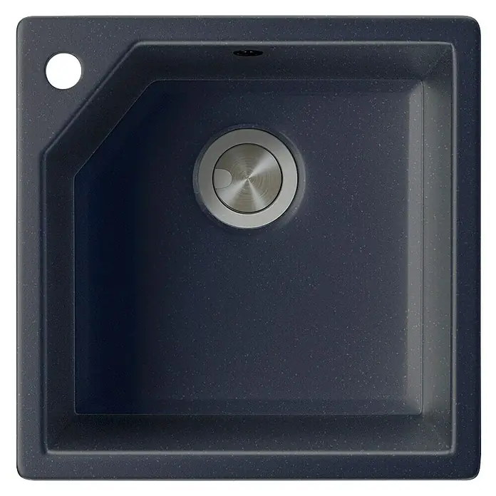 Atron Fregadero encastrable Gea - 47,5 x 47,5 cm, Material compuesto, Negro, Mate - Vista detallada de un fregadero moderno y angular en color oscuro con un desagüe redondo y un orificio para el grifo, destacando su diseño elegante.