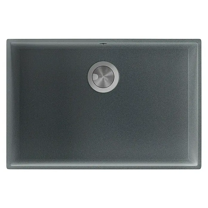 Atron Fregadero encastrable Tide - 42,8 x 64,8 cm, Material compuesto, Gris, Mate - Primer plano de un fregadero de cocina moderno, rectangular y gris, con tapón de desagüe redondo de acero inoxidable.