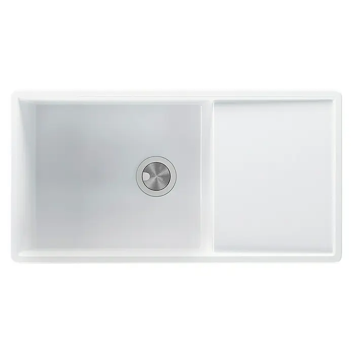 Atron Fregadero encastrable Dual - 44,5 x 85 cm, Material compuesto, Blanco, Mate - Fregadero encastrado blanco con dos cubetas y desagüe redondo, ideal para cocinas modernas. El fregadero ofrece amplio espacio para lavar y preparar alimentos.