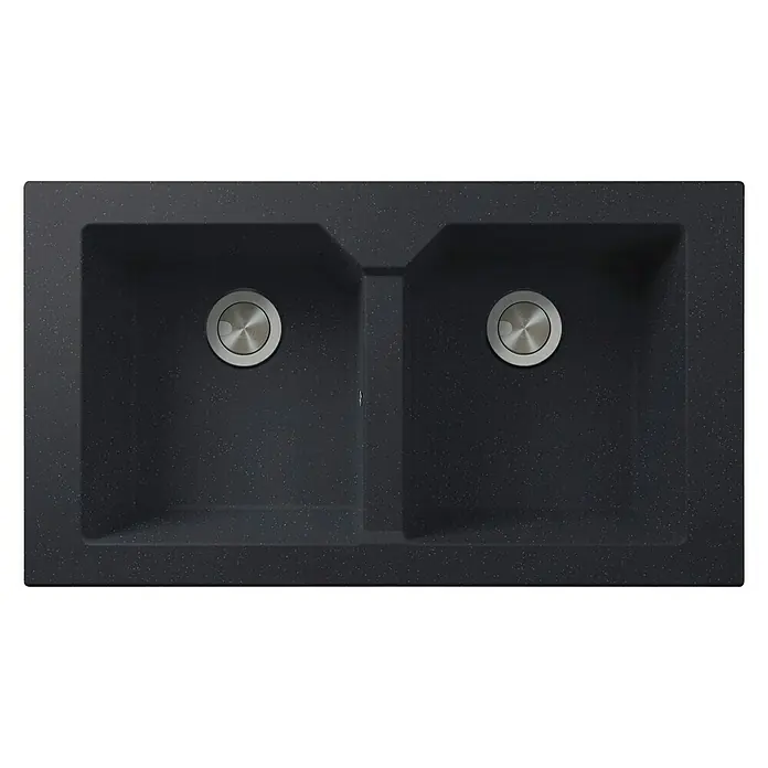 Atron Fregadero encastrable Wing - 51,5 x 91 cm, Material compuesto, Negro - Fregadero de granito de doble cubeta con desagües redondos, diseño moderno para una cocina elegante. De alta calidad y fácil de limpiar.
