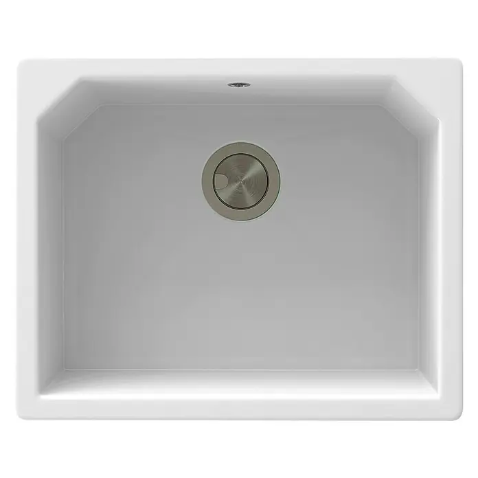 Atron Fregadero encastrable Magma - 48,5 x 59,5 cm, Material compuesto, Blanco, Mate - La imagen muestra un lavabo. Es un lavabo moderno con un desagüe redondo en el centro, adecuado para entornos de baño.