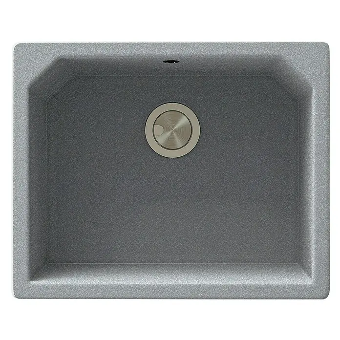 Atron Fregadero encastrable Magma - 48,5 x 59,5 cm, Material compuesto, Metal, Mate - Primer plano de un moderno fregadero de cocina gris con desagüe redondo. El diseño es elegante y funcional.