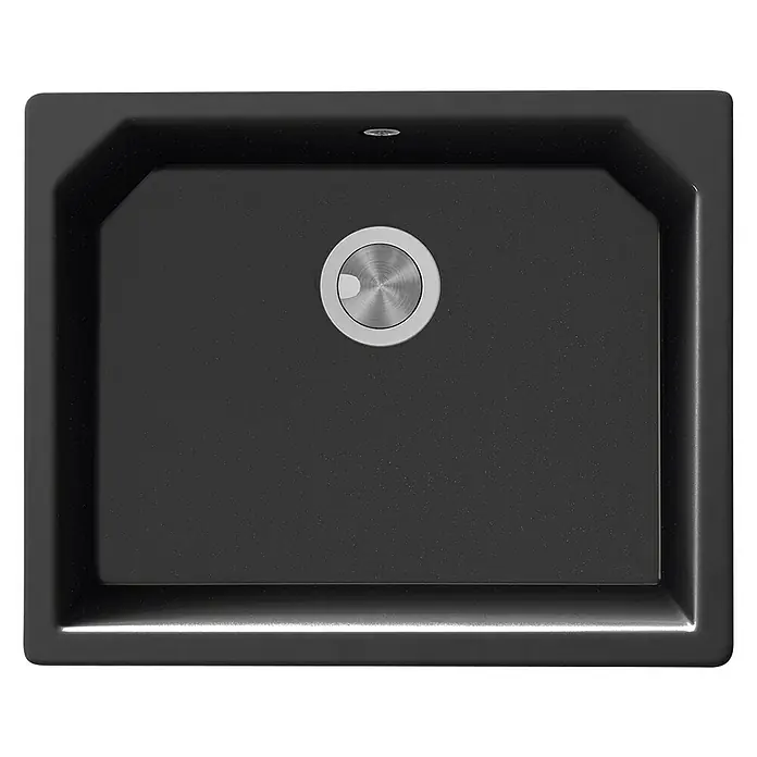 Atron Fregadero encastrable Magma - 48,5 x 59,5 cm, Material compuesto, Negro, Mate - Un fregadero de cocina negro moderno con desagüe de acero inoxidable, que combina funcionalidad con estilo contemporáneo.