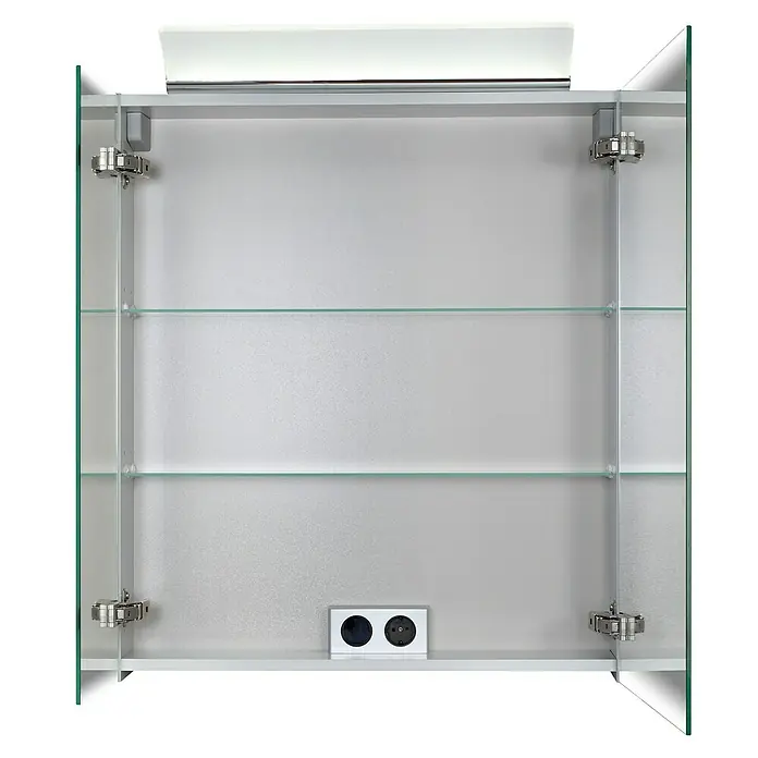 Riva LED-Spiegelschrank Reflex - B x H: 70 x 80 cm, Holz, Farblos - Ein offener Spiegelschrank mit Glasregalen, Beleuchtung und Steckdosen bietet praktischen Stauraum im Badezimmer.