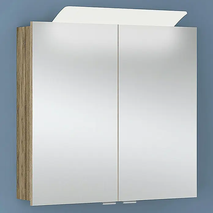 Camargue Orion LED-Spiegelschrank - B x H: 73 x 68 cm, Mit Beleuchtung, Sanremo Rustico - Ein Badezimmerschrank mit Spiegeltüren und einer Holzmaserung an den Seiten, der an einer blauen Wand montiert ist.