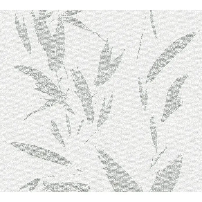 A.S. Création New Elegance Vliestapete Blätterranke - Silber, Floral, 10,05 x 0,53 m - Helles Stoffmuster mit stilisierten Bambusblättern in Grautönen, ideal für ruhige Raumgestaltungen und Textilien im japanischen Stil.