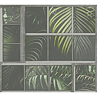 AS Creation Industrial Vliestapete Palmenblätter am Fenster (Grau/Grün, Floral, 10,05 x 0,53 m)