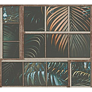 AS Creation Industrial Vliestapete Palmenblätter am Fenster (Braun/Grün, Floral, 10,05 x 0,53 m)