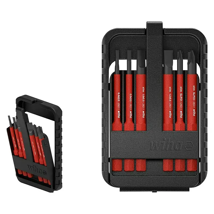 Wiha Bit-Set slimBit electric - 6 -tlg., SL & SL/PZ - Ein Wiha Slim Schraubendreher-Satz in einer schwarzen Aufbewahrungsbox mit roten Griffen, ideal für präzise Arbeiten.