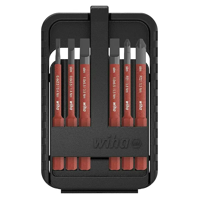 Wiha Bit-Set slimBit electric - 6 -tlg., SL & PZ - Ein Wiha Slimline Schraubendrehersatz in einer schwarzen Aufbewahrungsbox, ideal für präzise Schraubarbeiten und Elektrikerarbeiten.