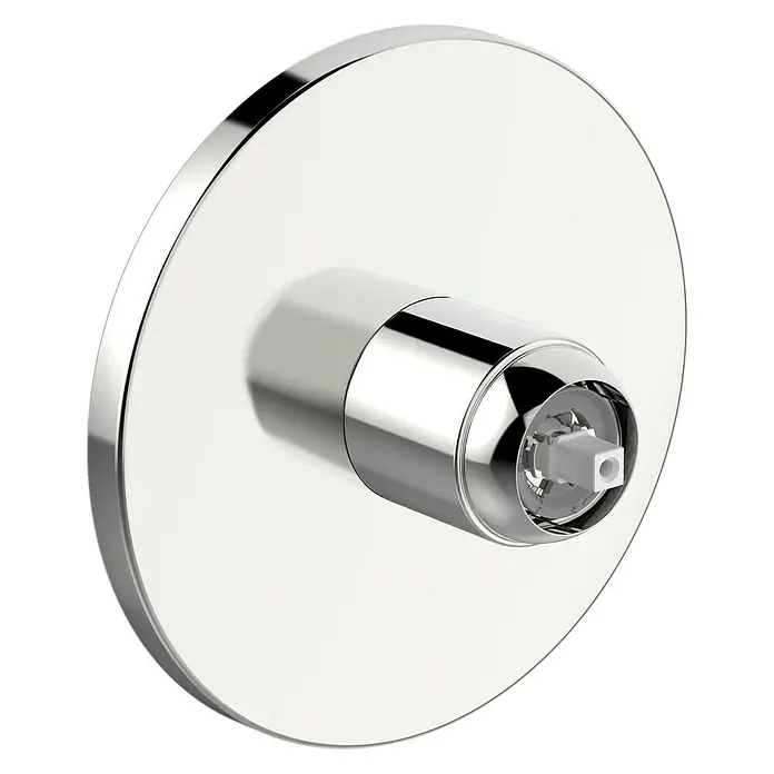 Hansa UP-Brausearmatur - Chrom, Glänzend, Rund - Ein glänzender, runder Wasserhahn mit einem zylindrischen Griff und einem weißen Einsatz in der Mitte. Das Chromdesign verleiht Eleganz.