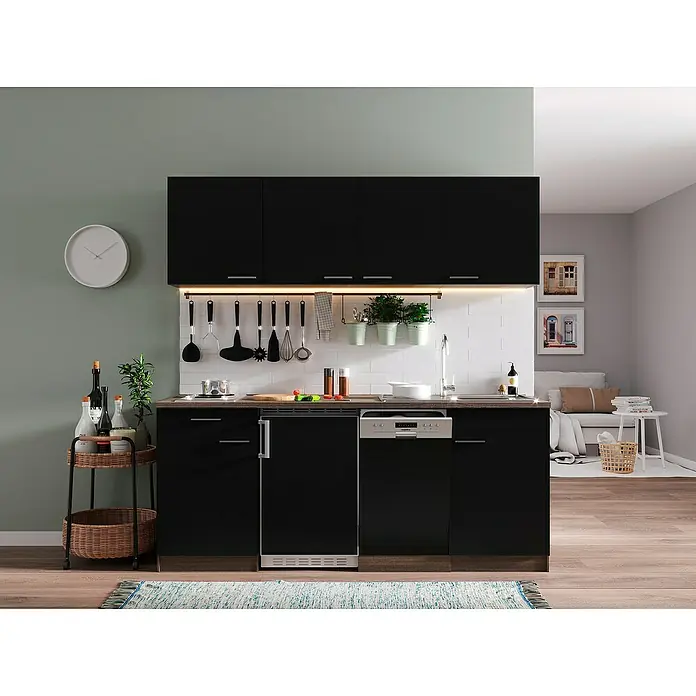 Respekta Singleküche Oliver - Breite: 195 cm, Schwarz, Mit Duo-Kochmulde - Elegantes Küchenset in Schwarz mit passenden Geräten und Stauraumlösungen, ideal für moderne Wohnräume.