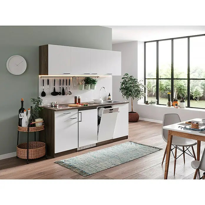 Respekta Singleküche Oliver - Breite: 195 cm, Weiß, Mit Glaskeramikkochfeld - Küchenansicht mit weißen Schränken, Arbeitsflächen in Holzoptik und Blick auf einen stilvollen Essbereich. Die perfekte Lösung für kleine Räume.