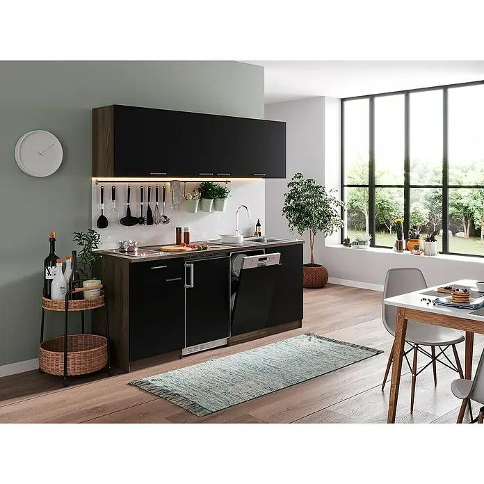 Respekta Singleküche Oliver - Breite: 195 cm, Schwarz, Mit Glaskeramikkochfeld - Die moderne Küchenzeile in Schwarz und Holzoptik bietet Stauraum und Arbeitsfläche, ideal für kleine Räume. Die Küchenutensilien sind griffbereit.