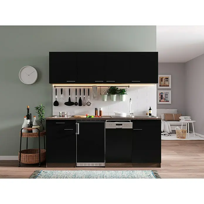 Respekta Singleküche Oliver - Breite: 195 cm, Schwarz, Mit Glaskeramikkochfeld - Küchenzeile mit schwarzen Schränken, einer Arbeitsplatte in Holzoptik und diversen Küchenutensilien. Praktisches und modernes Design für kleine Räume.