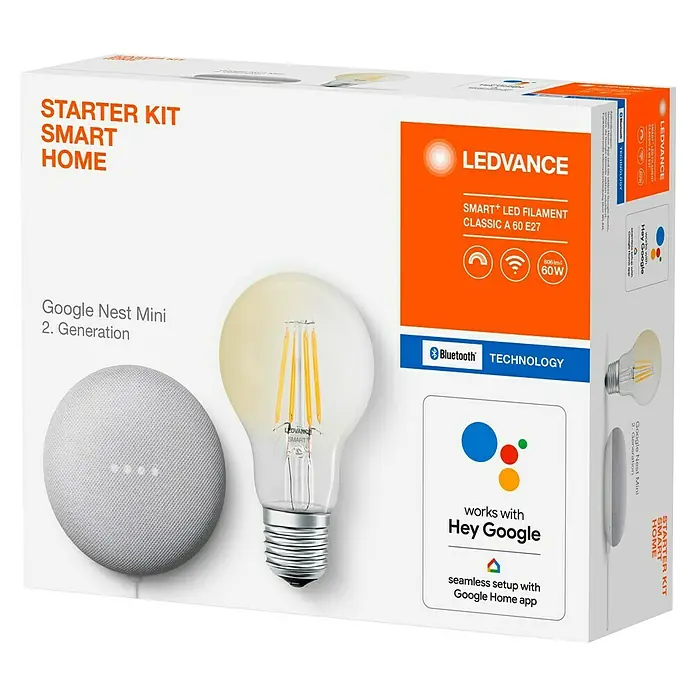 Google Nest Starter-Set Ledvance Smart+ BT Leuchtmittel - Kreide, 5,5 W, E27, Warmweiß, Dimmbar - Intelligentes Zuhause Starterkit mit Google Nest Mini und LEDVANCE Smart+ LED-Filamentlampe, Classic A 60 E27 für intelligente Beleuchtung.