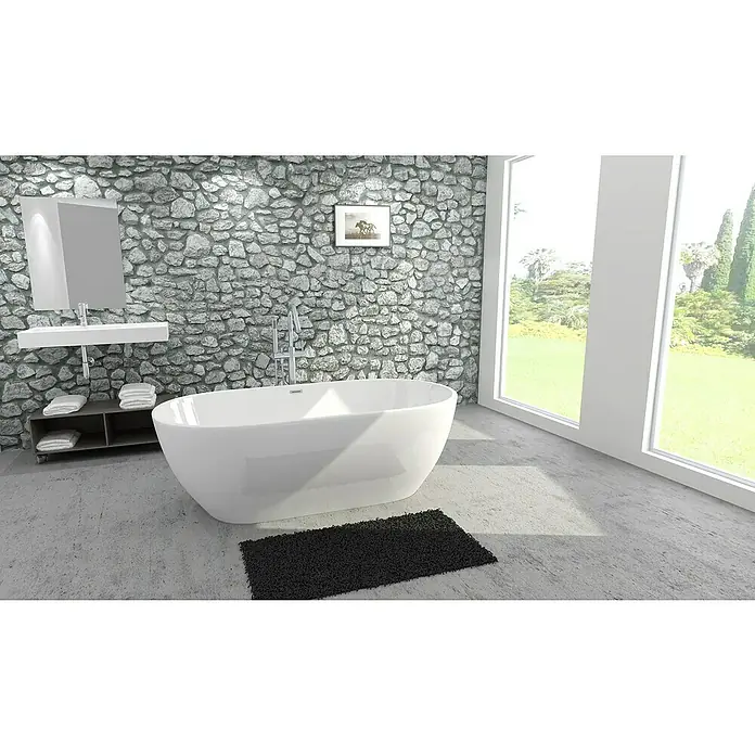 Camargue Freistehende Badewanne Trento - L x B: 150 x 75 cm, Sanitäracryl, Weiß - Ein modernes Badezimmer mit einer freistehenden Badewanne, einem Waschtisch und einem Fenster mit Blick auf eine grüne Landschaft.