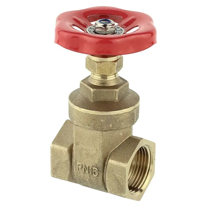 Muffen-Absperrschieber PN 10 - Innengewinde: ½″, Messing - Nahaufnahme eines Absperrschiebers aus Messing mit rotem Handrad. Ideal für Wasserleitungen & industrielle Anwendungen.