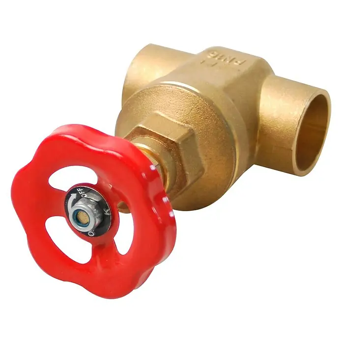Muffen-Absperrschieber - Durchmesser: 15 mm, Messing - Messingventil mit rotem Griff, gekennzeichnet mit "OFF". Ideal für Sanitäranwendungen, um den Durchfluss von Flüssigkeiten zu regulieren.