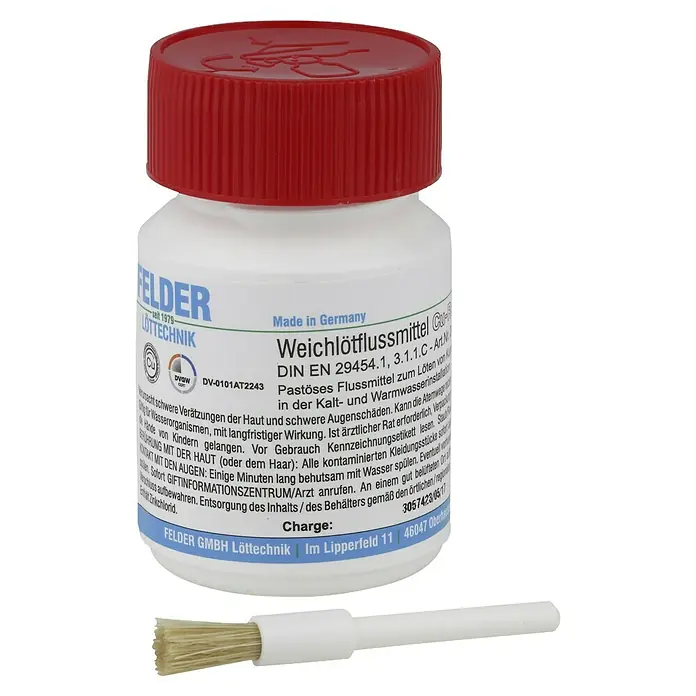Lötfett - 80 ml - Produktbild: Felder Weichlötflussmittel Cu-S in einer weißen Flasche mit rotem Deckel und einem Pinsel.