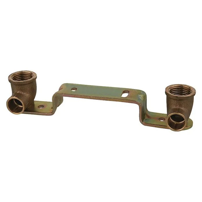 Montageeinheit - Innengewinde: ½″, Länge: 20 cm - Detailaufnahme einer Wandbefestigung mit Messingverschraubungen, ideal für die Installation von Wasserleitungen.