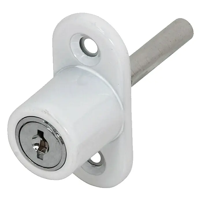 Cerradura adicional para ventanas - Blanco, Aluminio - Primer plano de una cerradura de ventana blanca con un agujero para llave, diseñada para aumentar la seguridad y evitar robos.