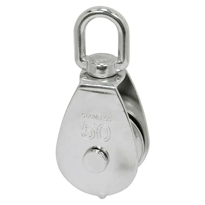 Polea de bloqueo - Sencillo, Para diámetro de cable: 8 mm, Material polea de cable: Acero - Polea simple de acero inoxidable con ojo giratorio. La polea "50" es perfecta para aplicaciones de elevación y tracción.