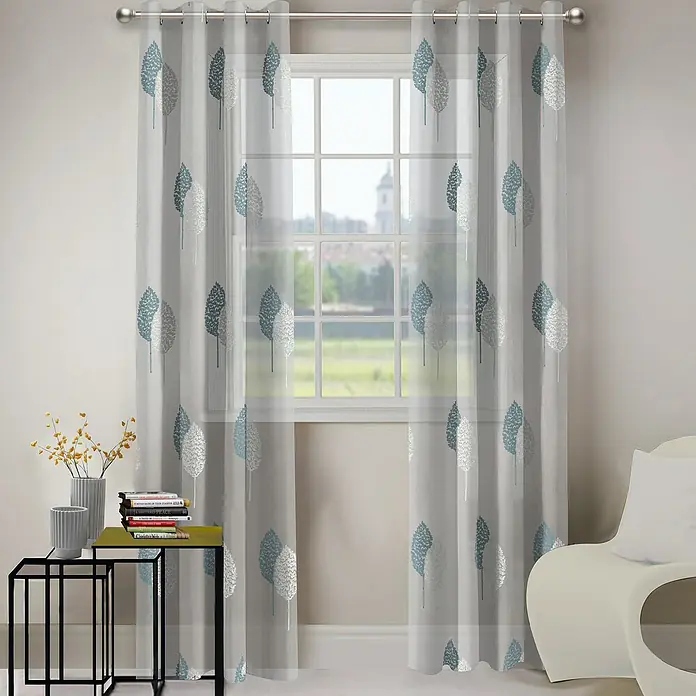 Visillo para ventana Hoja Bordada - An x Al: 140 x 250 cm, 100% poliéster, Blanco/Azul - Cortinas de ventana con un elegante estampado de hojas.