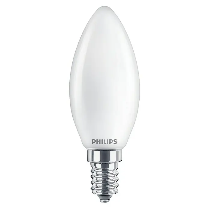 Philips LED-Lampe Kerze CW - E14, Nicht Dimmbar, Kaltweiß, 470 lm, 40 W - Nahaufnahme einer Philips LED-Kerzenlampe mit E14-Sockel, die eine energiesparende Beleuchtungslösung für Ihr Zuhause bietet.