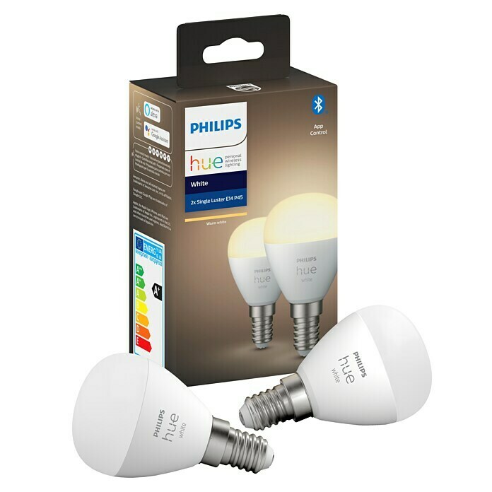 Philips Hue LED-Leuchtmittel WhiteE14, 5,7 W, Warmweiß, Tropfen, 2 Stk. Diagonal View