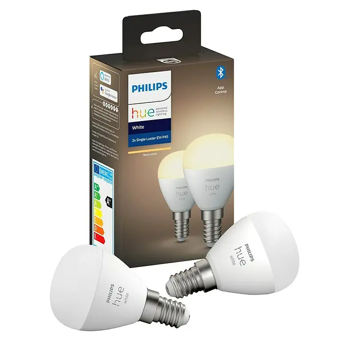 Philips Hue Set de bombillas LED inteligentes Luster Pack 2 - E14, Intensidad regulable, Blanco cálido, 470 lm, 5,7 W, Gota, 2 ud. - Philips Hue White: Bombillas inteligentes E14 P45 para iluminación inteligente. Paquete de 2 con luz blanca cálida para un ambiente acogedor.