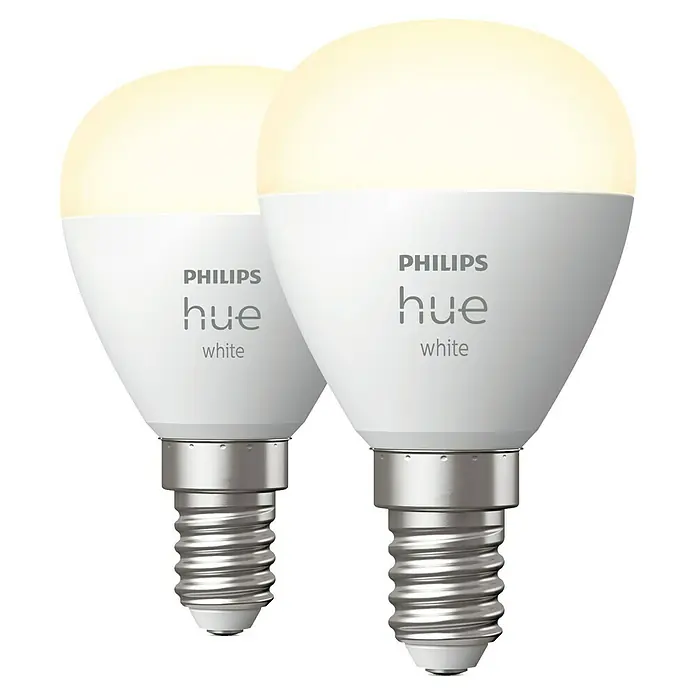Philips Hue Smart-LED-Lampen Set Tropfenform E14 mattE14, Dimmbar, Warmweiß, 470 lm, 5,7 W, Tropfen, 2 Stk. - Zwei Philips Hue White Glühlampen mit E14-Sockel, die ein warmweißes Licht erzeugen und intelligent gesteuert werden können.