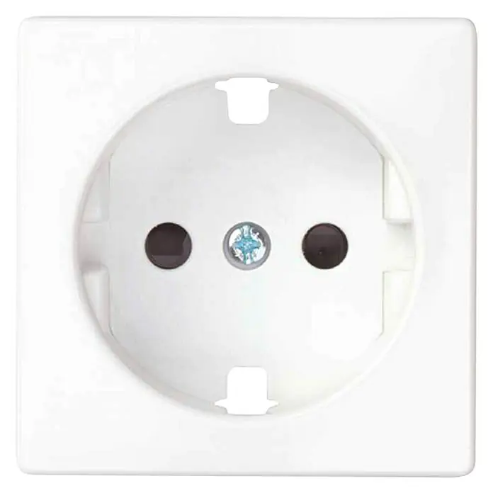 Simon 82 Tapa para mecanismo Concept enchufe - Blanco, Plástico, IP20, Colocar - Primer plano de un enchufe Schuko blanco con dos orificios y un tornillo en el centro, incrustado en un marco cuadrado.