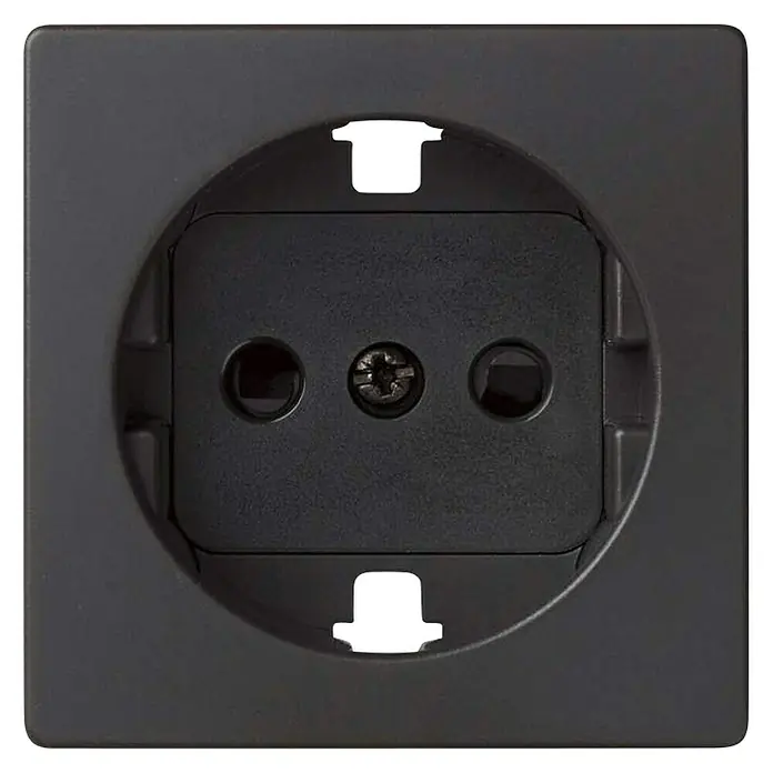 Simon 82 Tapa para mecanismo Concept enchufe - Negro, Plástico, IP20, Colocar - Primer plano de un enchufe Schuko negro, ideal para el hogar moderno. Su diseño robusto garantiza un suministro de energía seguro.