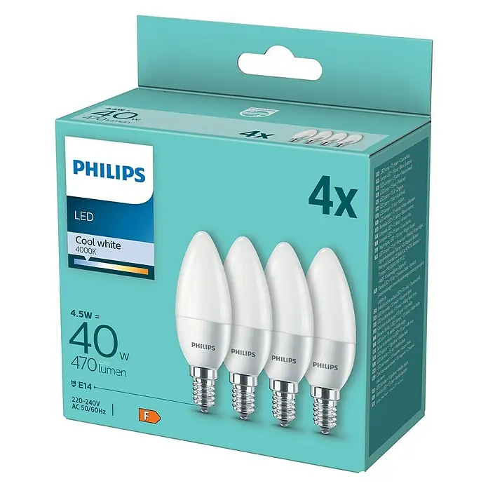 Philips Bombilla LED Vela y lustre - E14, No regulable, Blanco frío, 470 lm, 40 W - La imagen muestra un paquete de 4 bombillas LED Philips tipo vela con base E14, 4.5W de potencia, 470 lúmenes y luz blanca fría (4000K).