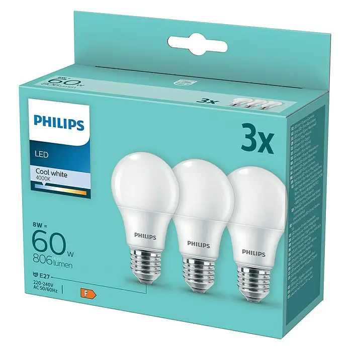 Philips Bombilla LED - E27, No regulable, Blanco frío, 806 lm, 60 W - Paquete de 3 bombillas LED de Philips. La bombilla LED proporciona una luz blanca fría y tiene una larga vida útil.