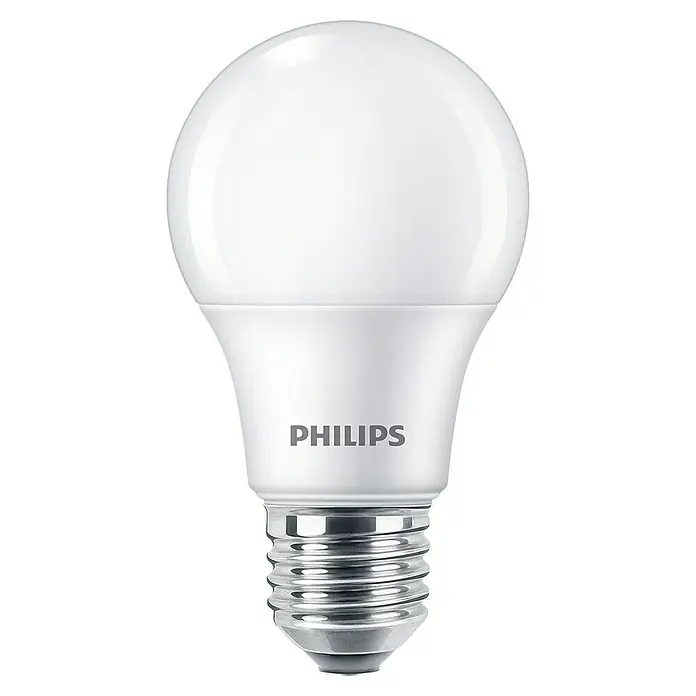 Philips Bombilla LED - E27, No regulable, Blanco frío, 806 lm, 60 W - Primer plano de una bombilla LED blanca Philips con base de rosca sobre un fondo negro.