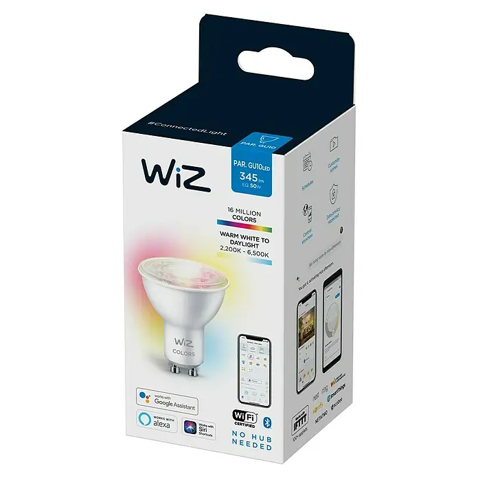 Philips Wiz Bombilla LED inteligente WIFI - GU10, Capacidad de atenuación: Intensidad regulable, Multicolor, 345 lm, 4,8 W - Embalaje de una bombilla LED WiZ PAR GU10 con 16 millones de colores, luz blanca cálida a luz diurna y control mediante app.