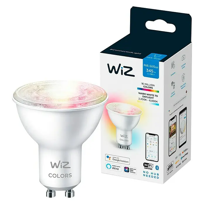 Philips Wiz Bombilla LED inteligente WIFI - GU10, Capacidad de atenuación: Intensidad regulable, Multicolor, 345 lm, 4,8 W - Imagen de una bombilla LED inteligente WiZ Colors GU10 con 16 millones de colores y temperatura de color ajustable de 2.200K a 6.500K.