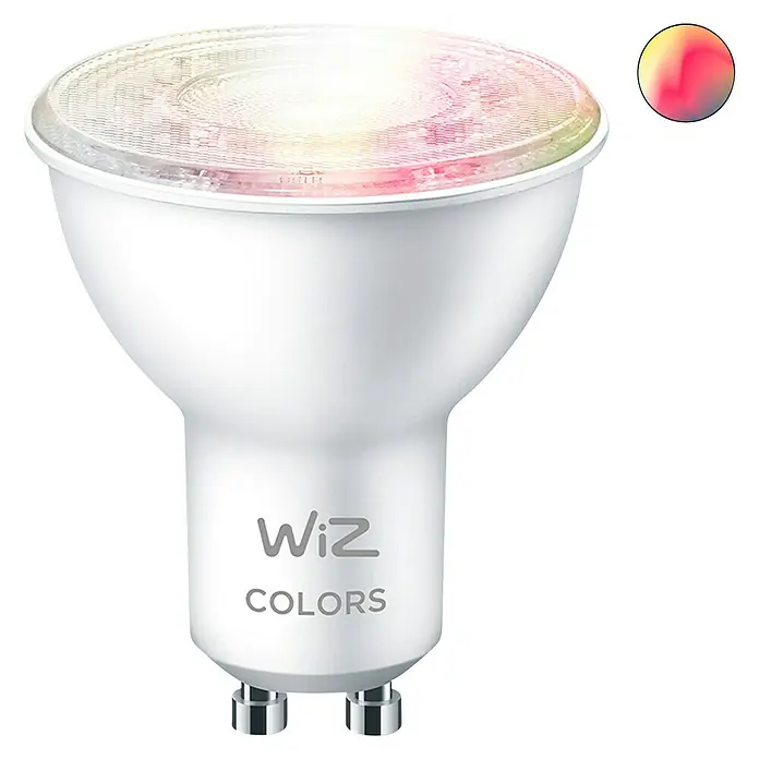 Philips Wiz Bombilla LED inteligente WIFI - GU10, Capacidad de atenuación: Intensidad regulable, Multicolor, 345 lm, 4,8 W - Primer plano de una bombilla LED WiZ Colors, que proporciona un cambio de color inteligente para una iluminación ambiental personalizada.