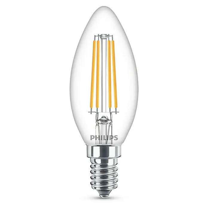 Philips Bombilla LED Vela y lustre Transparente - E14, No regulable, Blanco frío, 806 lm, 60 W - Primer plano de una bombilla LED de vela Philips con vidrio transparente y base de rosca Edison, que proporciona una iluminación cálida y energéticamente eficiente.