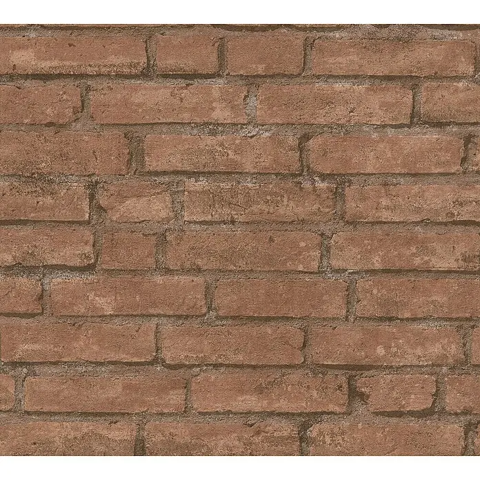A.S. Création Industrial Vliestapete Ziegelstein - Braun, Steinoptik, 10,05 x 0,53 m - Nahaufnahme einer Wand aus rotbraunen Ziegeln, die eine robuste und rustikale Textur für Hintergründe und Designs bietet.