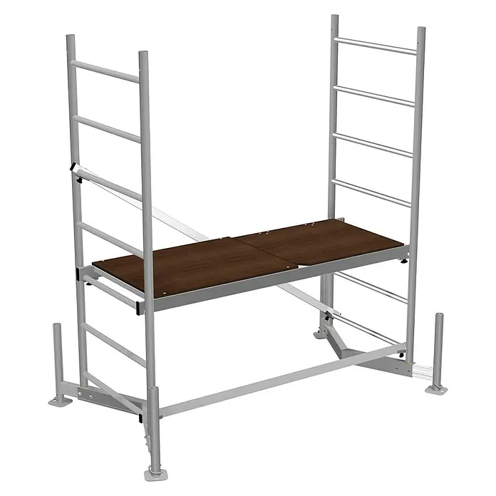 Krause ClimTec Andamio móvil - Altura de trabajo: 3 m - Andamio con dos escaleras conectadas por una plataforma marrón. El andamio tiene pies ajustables para estabilidad en terrenos irregulares.